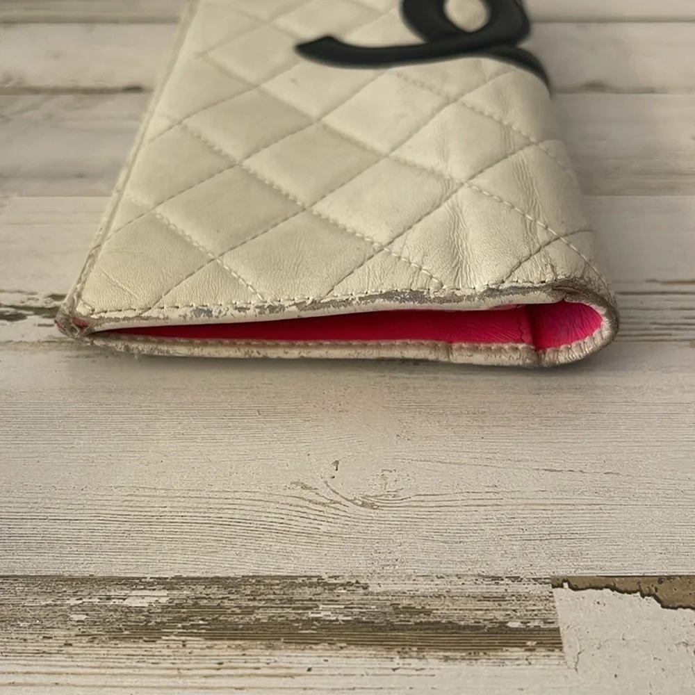CHANEL Cambon Long Wallet White Quilted Leather Black CC Pink Interior